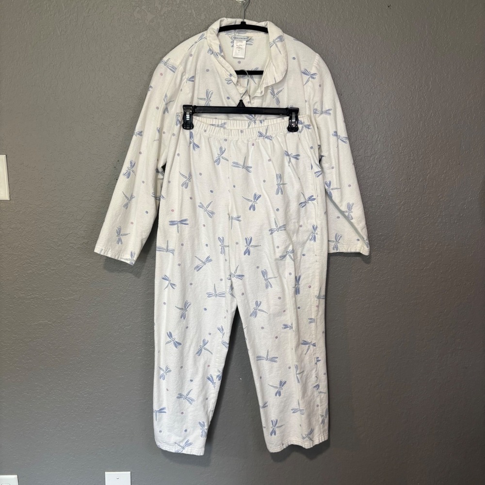 FLAW Cuddledown Pajama Set Women M White Blue Dragonfly Cotton 2 Piece Sleepwear